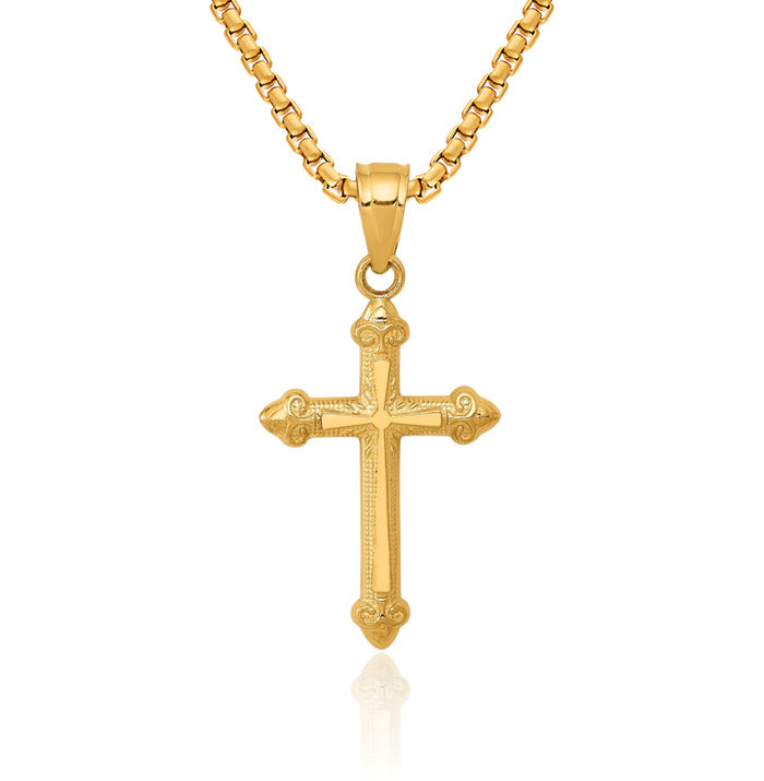 14K Solid Yellow Gold Passion Holy Cross Necklace Religious Chain Pendant Jesus Christ Charm