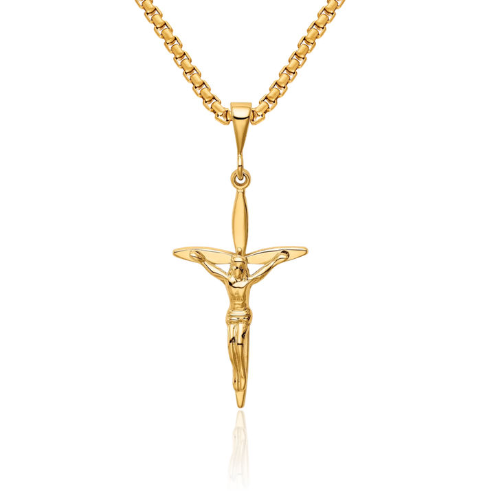 14K Solid Yellow Gold Passion Lord Jesus Christ Crucifix Holy Cross Necklace Religious Chain Pendant Charm