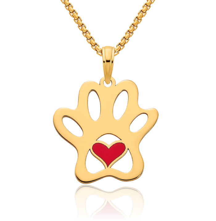 14K Solid Yellow Gold Paw Print Pet Heart Necklace Love Pendant Charm