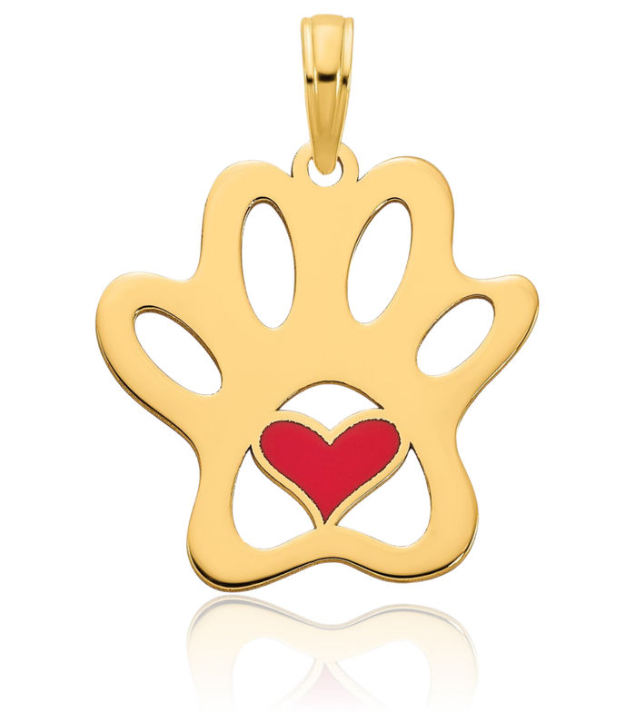 14K Solid Yellow Gold Paw Print Pet Heart Necklace Love Pendant Charm
