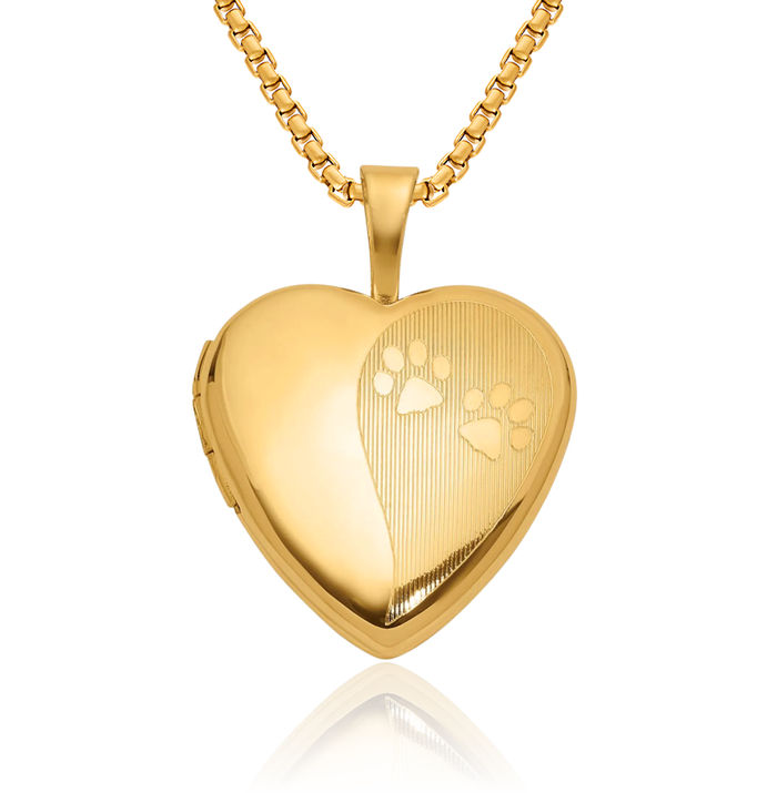 14K Solid Yellow Gold Paw Print Pet Heart Personalized Photo Locket Necklace Picture Pendant Charm