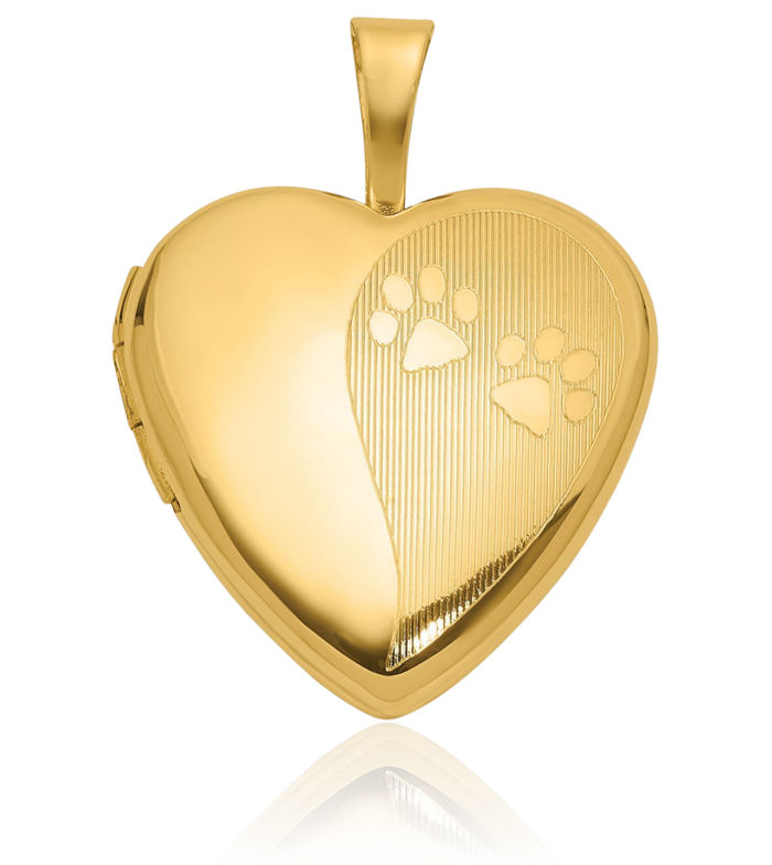 14K Solid Yellow Gold Paw Print Pet Heart Personalized Photo Locket Necklace Picture Pendant Charm