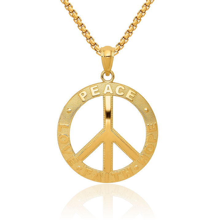 14K Solid Yellow Gold Peace Love Faith Hope Sign Inspirational Symbol Necklace Chain Pendant Charm