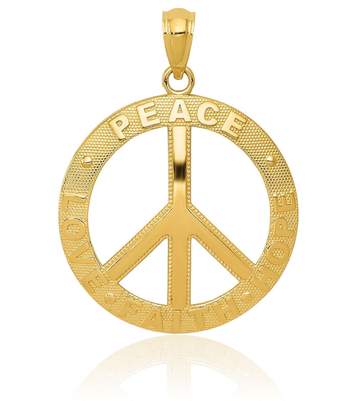 14K Solid Yellow Gold Peace Love Faith Hope Sign Inspirational Symbol Necklace Chain Pendant Charm