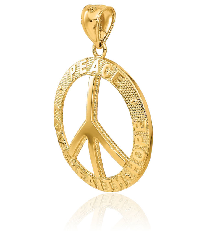 14K Solid Yellow Gold Peace Love Faith Hope Sign Inspirational Symbol Necklace Chain Pendant Charm