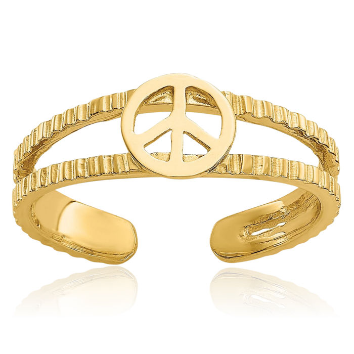 14K Solid Yellow Gold Peace Sign Inspirational Symbol Adjustable Toe Ring Open Midi Band Summer Beach Jewelry