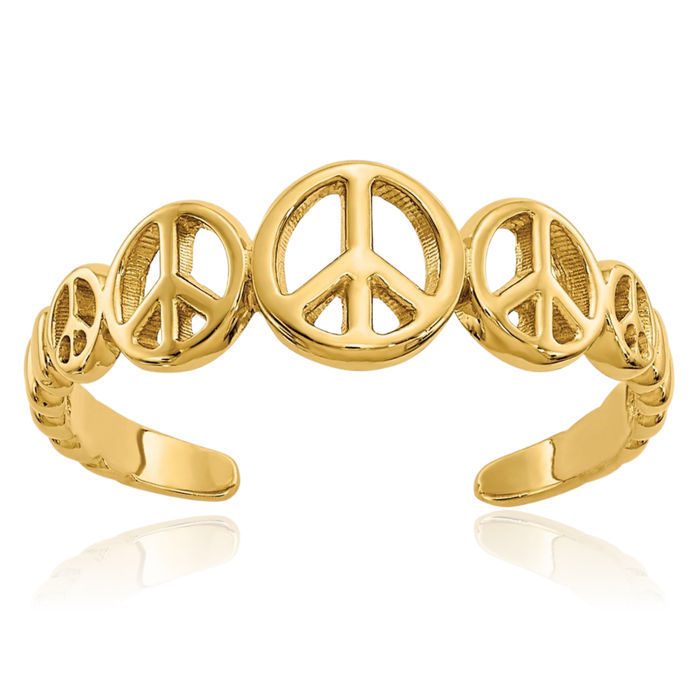 14K Solid Yellow Gold Peace Sign Inspirational Symbol Adjustable Toe Ring Open Midi Band Summer Beach Jewelry