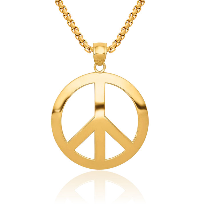 14K Solid Yellow Gold Peace Sign Inspirational Symbol Necklace Chain Pendant Charm