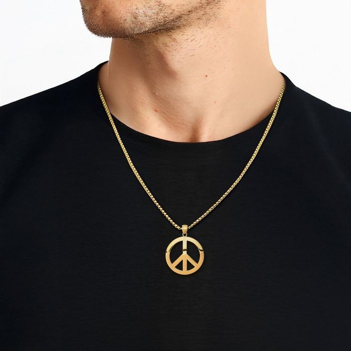 14K Solid Yellow Gold Peace Sign Inspirational Symbol Necklace Chain Pendant Charm
