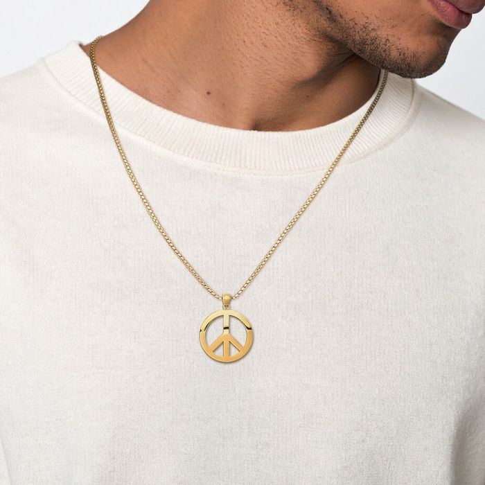 14K Solid Yellow Gold Peace Sign Inspirational Symbol Necklace Chain Pendant Charm