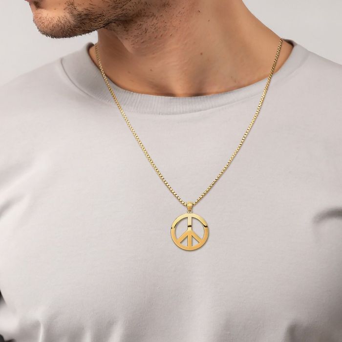 14K Solid Yellow Gold Peace Sign Inspirational Symbol Necklace Chain Pendant Charm