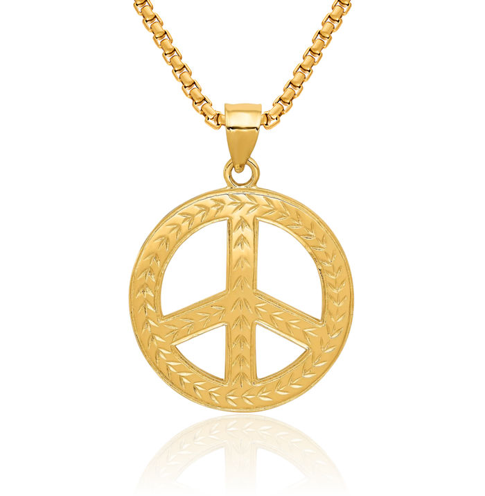 14K Solid Yellow Gold Peace Sign Inspirational Symbol Necklace Chain Pendant Charm