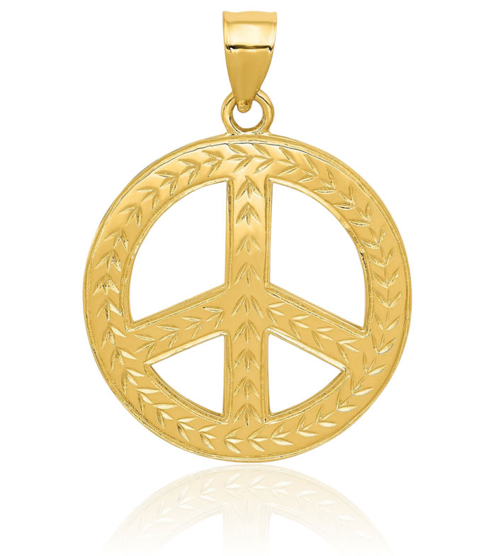 14K Solid Yellow Gold Peace Sign Inspirational Symbol Necklace Chain Pendant Charm