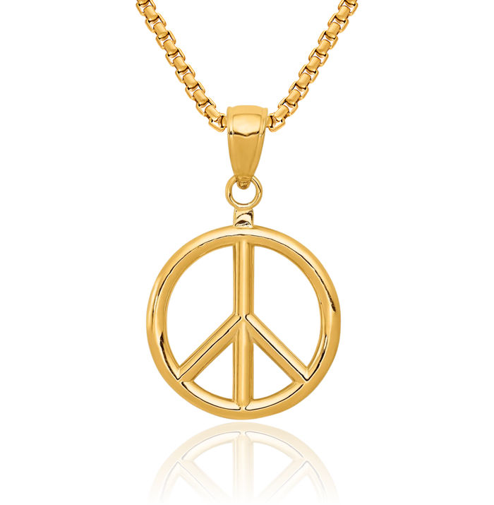 14K Solid Yellow Gold Peace Sign Inspirational Symbol Necklace Chain Pendant Charm