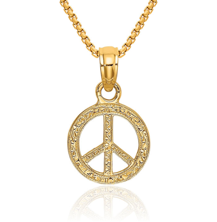 14K Solid Yellow Gold Peace Sign Inspirational Symbol Necklace Chain Pendant Charm