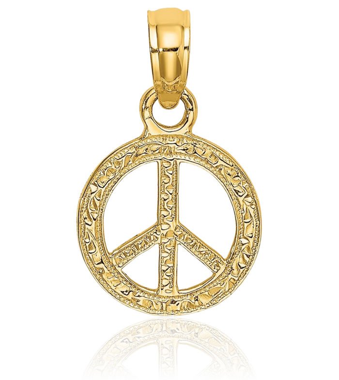 14K Solid Yellow Gold Peace Sign Inspirational Symbol Necklace Chain Pendant Charm