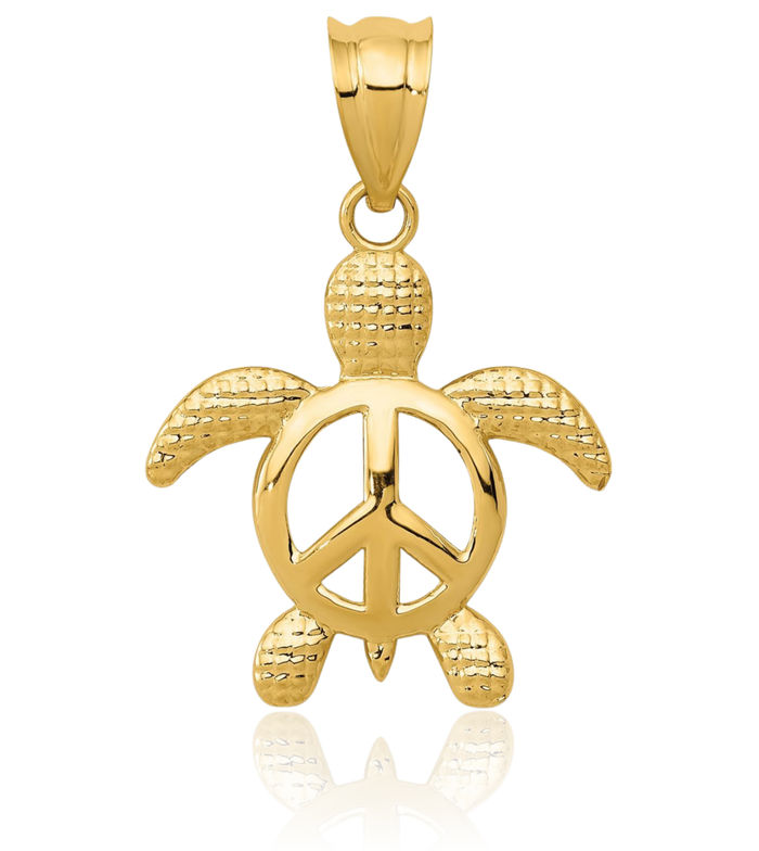 14K Solid Yellow Gold Peace Sea Turtle Necklace Chain Pendant Charm