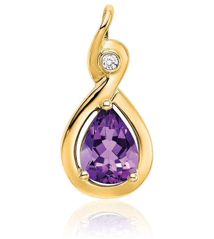 14K Solid Yellow Gold Pear Purple Amethyst Diamond Necklace Charm Gemstone Pendant