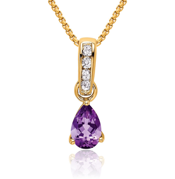 14K Solid Yellow Gold Pear Purple Amethyst Diamond Necklace Gemstone Pendant Charm February Birthstone Jewelry