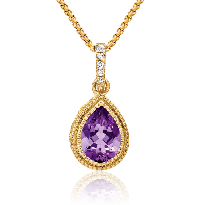 14K Solid Yellow Gold Pear Purple Amethyst Diamond Necklace Charm Gemstone Pendant