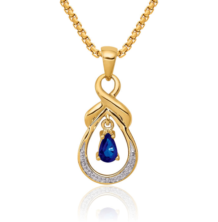 14K Solid Yellow Gold Pear Blue Sapphire Diamond Dangling Necklace Gemstone Pendant Charm