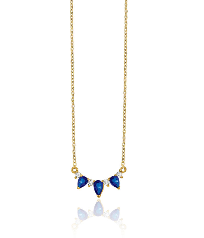 14K Solid Yellow Gold Pear Blue Sapphire Diamond Necklace Chain Gemstone Pendant Charm