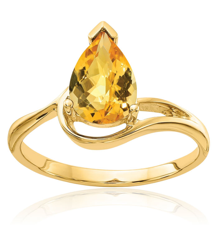 14K Solid Yellow Gold Pear Orange Citrine Checker Ring Gemstone Band November Birthstone Jewelry