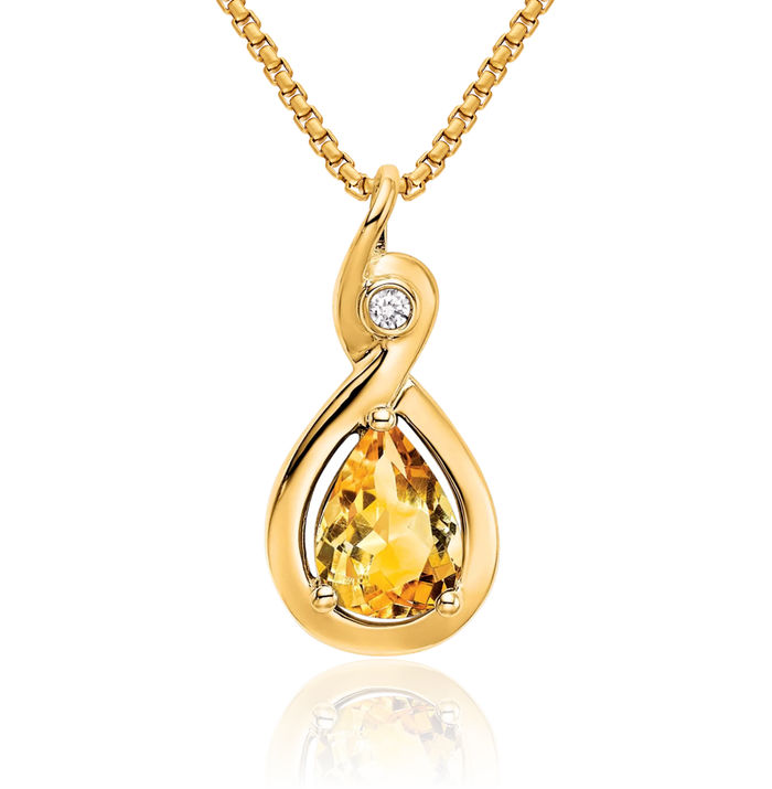 14K Solid Yellow Gold Pear Orange Citrine Diamond Necklace Charm Gemstone Pendant