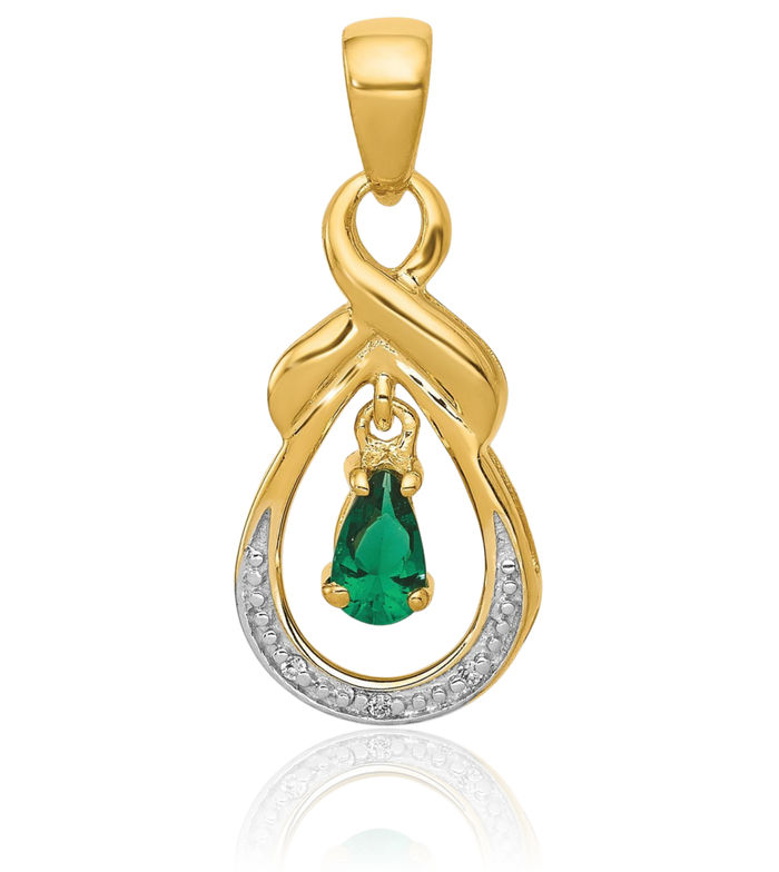 14K Solid Yellow Gold Pear Green Emerald Diamond Necklace Gemstone Pendant Charm