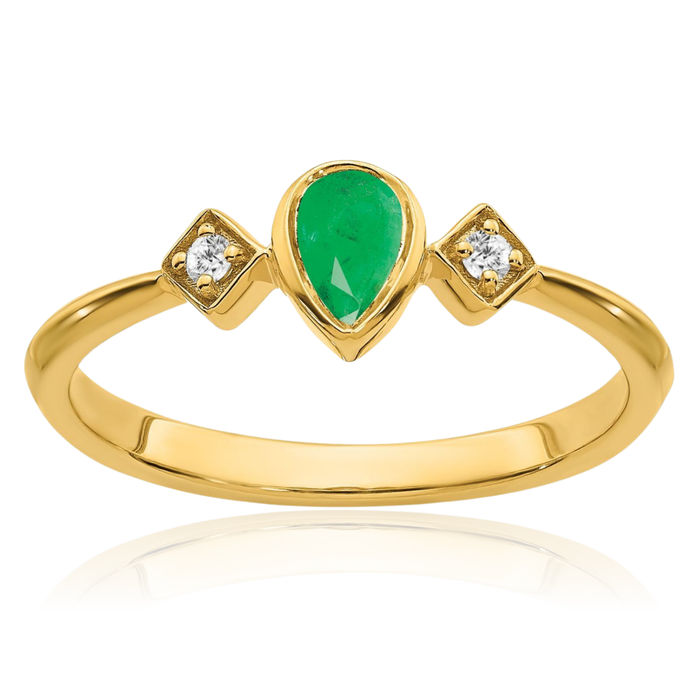 14K Solid Yellow Gold Pear Green Emerald Diamond Ring Gemstone Band May Birthstone Jewelry