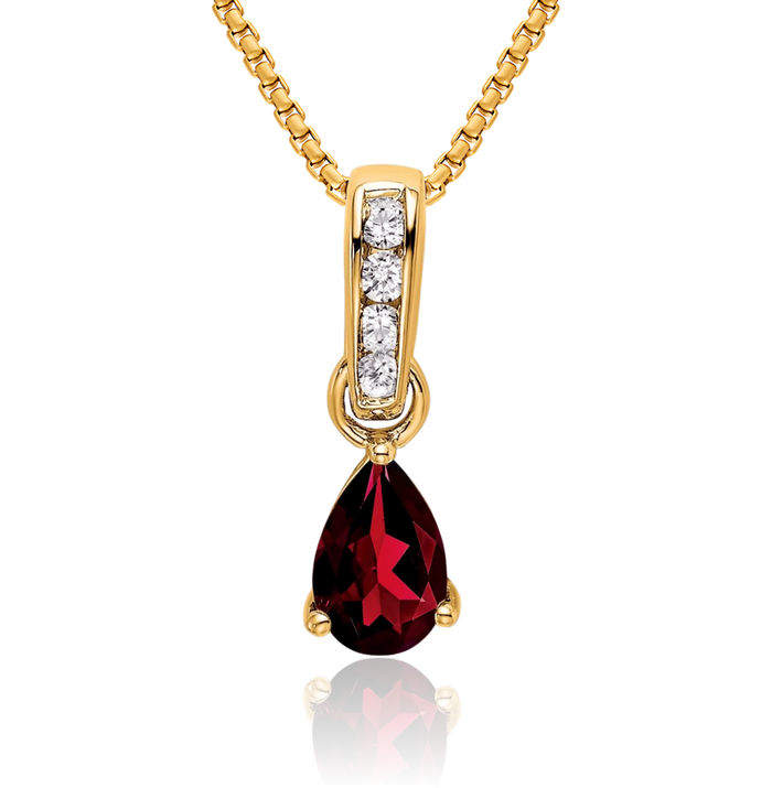 14K Solid Yellow Gold Pear Red Garnet Diamond Necklace Gemstone Pendant Charm April January Birthstone Jewelry