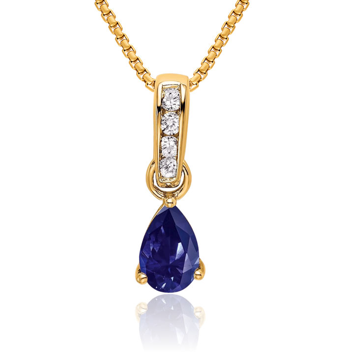 14K Solid Yellow Gold Pear Lab Blue Sapphire Diamond Necklace Gemstone Pendant Charm April September Birthstone Jewelry