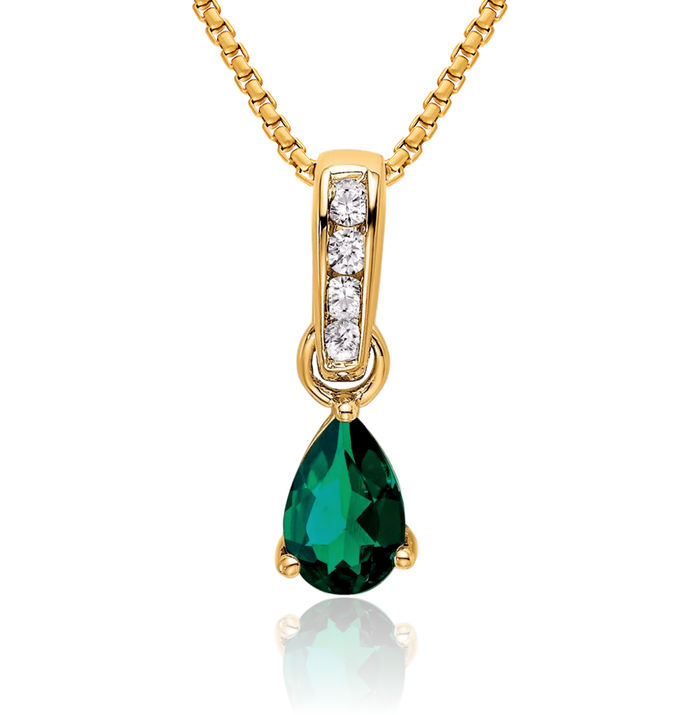 14K Solid Yellow Gold Pear Lab Green Emerald Diamond Necklace Gemstone Pendant Charm April May Birthstone Jewelry