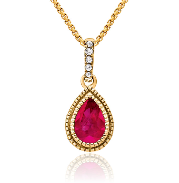 14K Solid Yellow Gold Pear Red Ruby Diamond Necklace Charm Gemstone Pendant