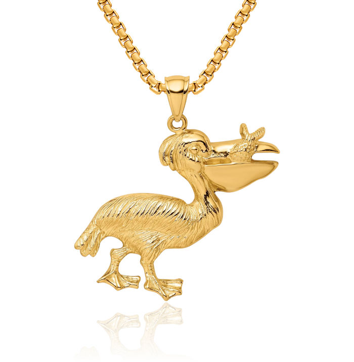 14K Solid Yellow Gold Pelican Symbol of Focus Persistence Bird Fish Necklace Chain Pendant Charm