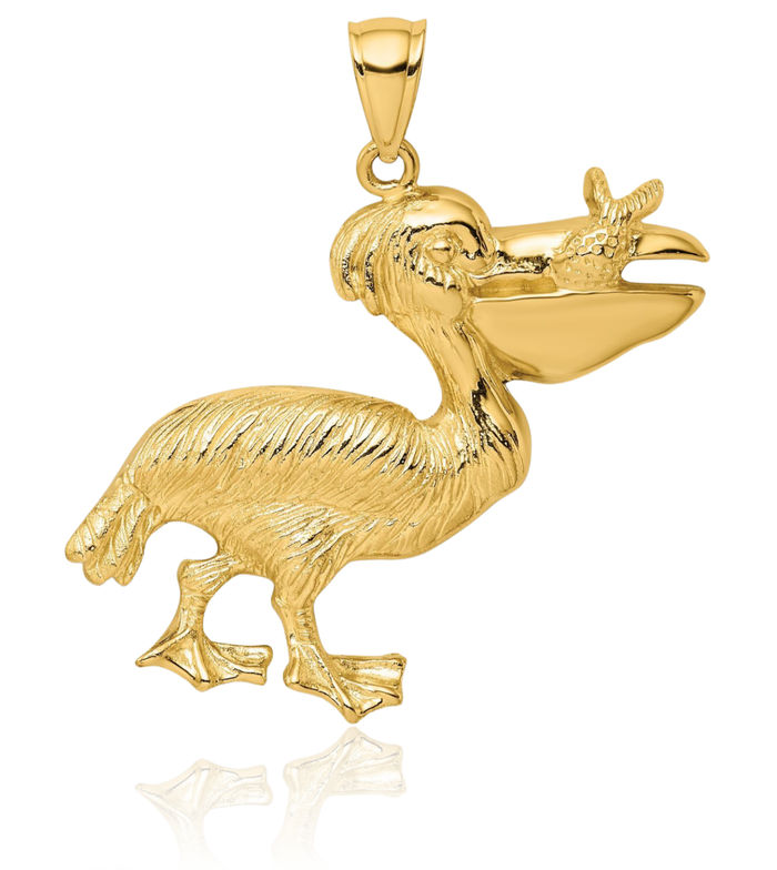 14K Solid Yellow Gold Pelican Symbol of Focus Persistence Bird Fish Necklace Chain Pendant Charm