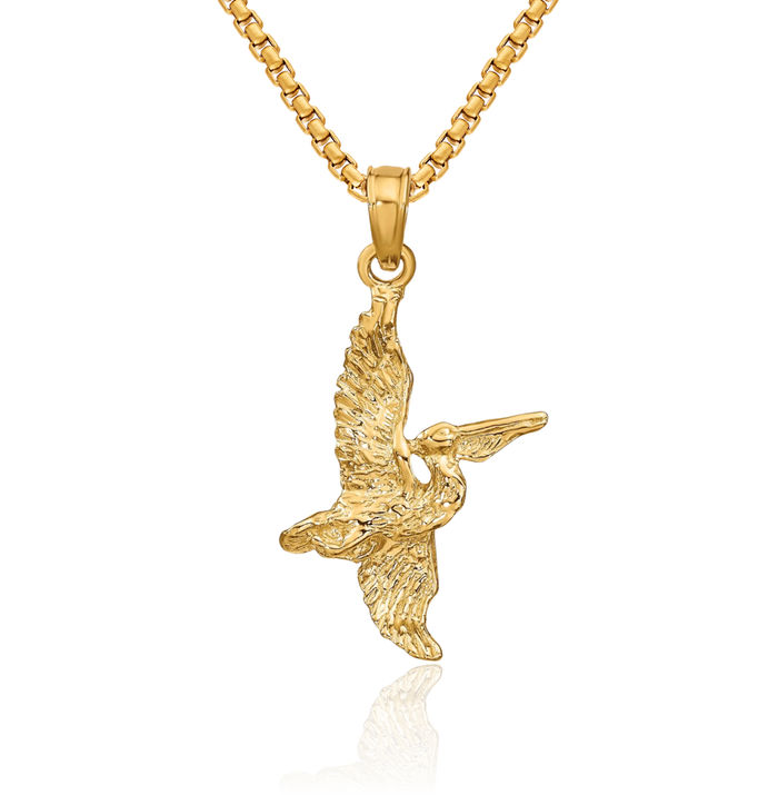 14K Solid Yellow Gold Pelican Symbol of Focus Persistence Bird Flying Necklace Chain Pendant Charm