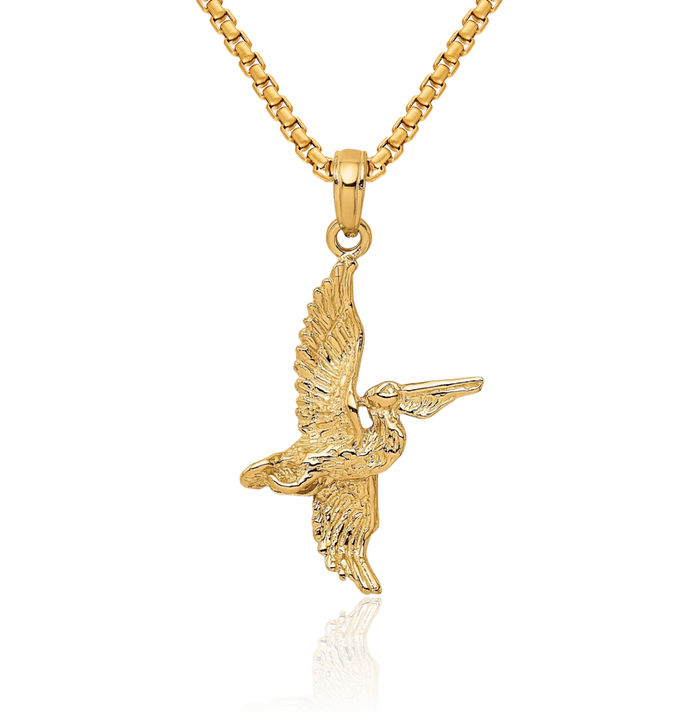 14K Solid Yellow Gold Pelican Symbol of Focus Persistence Bird Flying Necklace Chain Pendant Charm