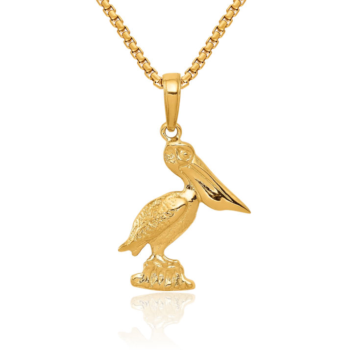 14K Solid Yellow Gold Pelican Symbol of Focus Persistence Bird Necklace Chain Pendant Charm