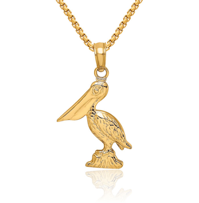 14K Solid Yellow Gold Pelican Symbol of Focus Persistence Bird Necklace Chain Pendant Charm