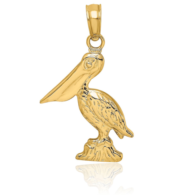 14K Solid Yellow Gold Pelican Symbol of Focus Persistence Bird Necklace Chain Pendant Charm