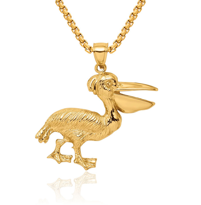 14K Solid Yellow Gold Pelican Symbol of Focus Persistence Bird Necklace Chain Pendant Charm