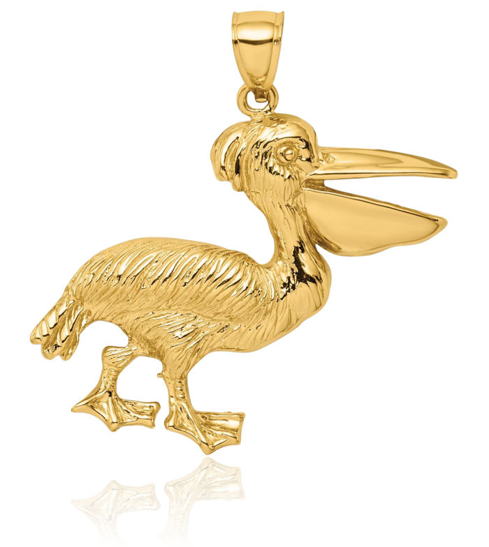 14K Solid Yellow Gold Pelican Symbol of Focus Persistence Bird Necklace Chain Pendant Charm