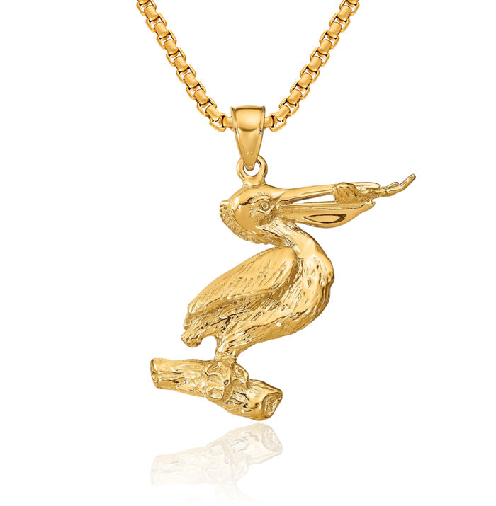 14K Solid Yellow Gold Pelican Symbol of Focus Persistence Bird Necklace Chain Pendant Charm