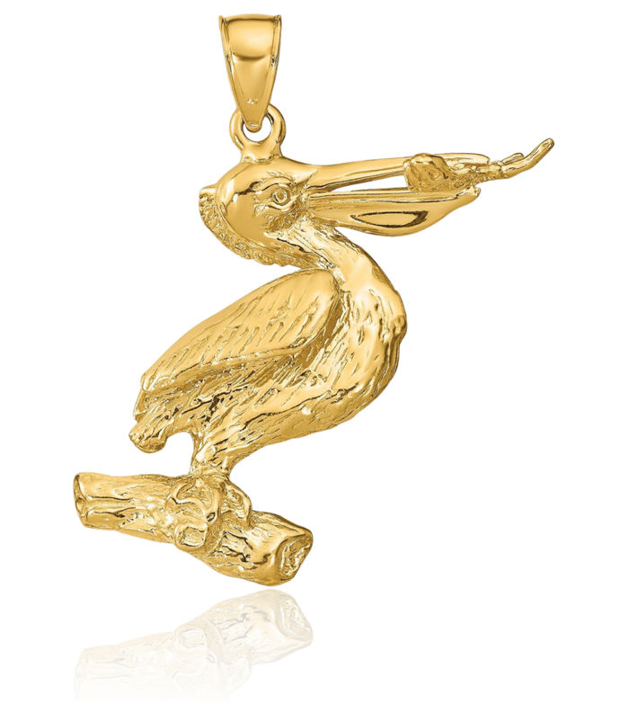 14K Solid Yellow Gold Pelican Symbol of Focus Persistence Bird Necklace Chain Pendant Charm