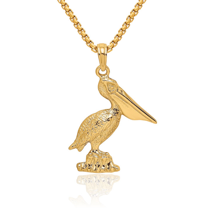 14K Solid Yellow Gold Pelican Symbol of Focus Persistence Bird Necklace Chain Pendant Charm