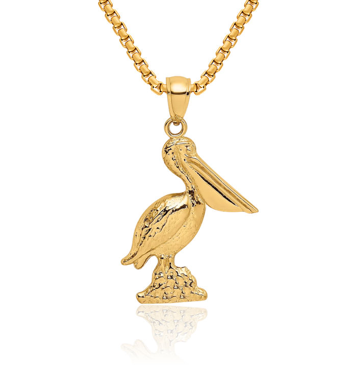 14K Solid Yellow Gold Pelican Symbol of Focus Persistence Bird Necklace Chain Pendant Charm