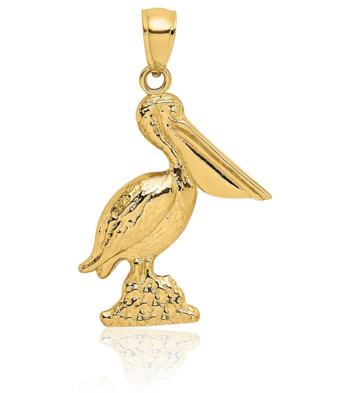 14K Solid Yellow Gold Pelican Symbol of Focus Persistence Bird Necklace Chain Pendant Charm