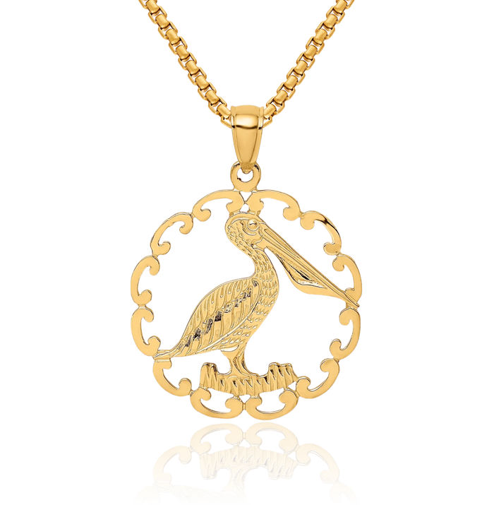 14K Solid Yellow Gold Pelican Symbol of Focus Persistence Bird Circle Round Necklace Chain Pendant Charm