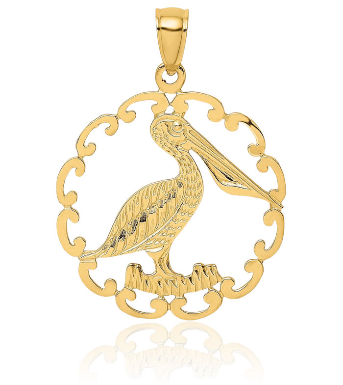 14K Solid Yellow Gold Pelican Symbol of Focus Persistence Bird Circle Round Necklace Chain Pendant Charm